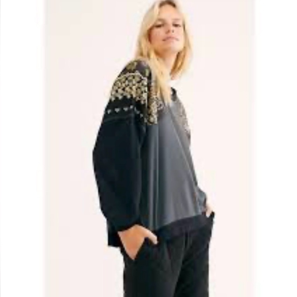 We The Free “Feelin It” Black and Charcoal Studded Patchwork Mixed Media Top. L.